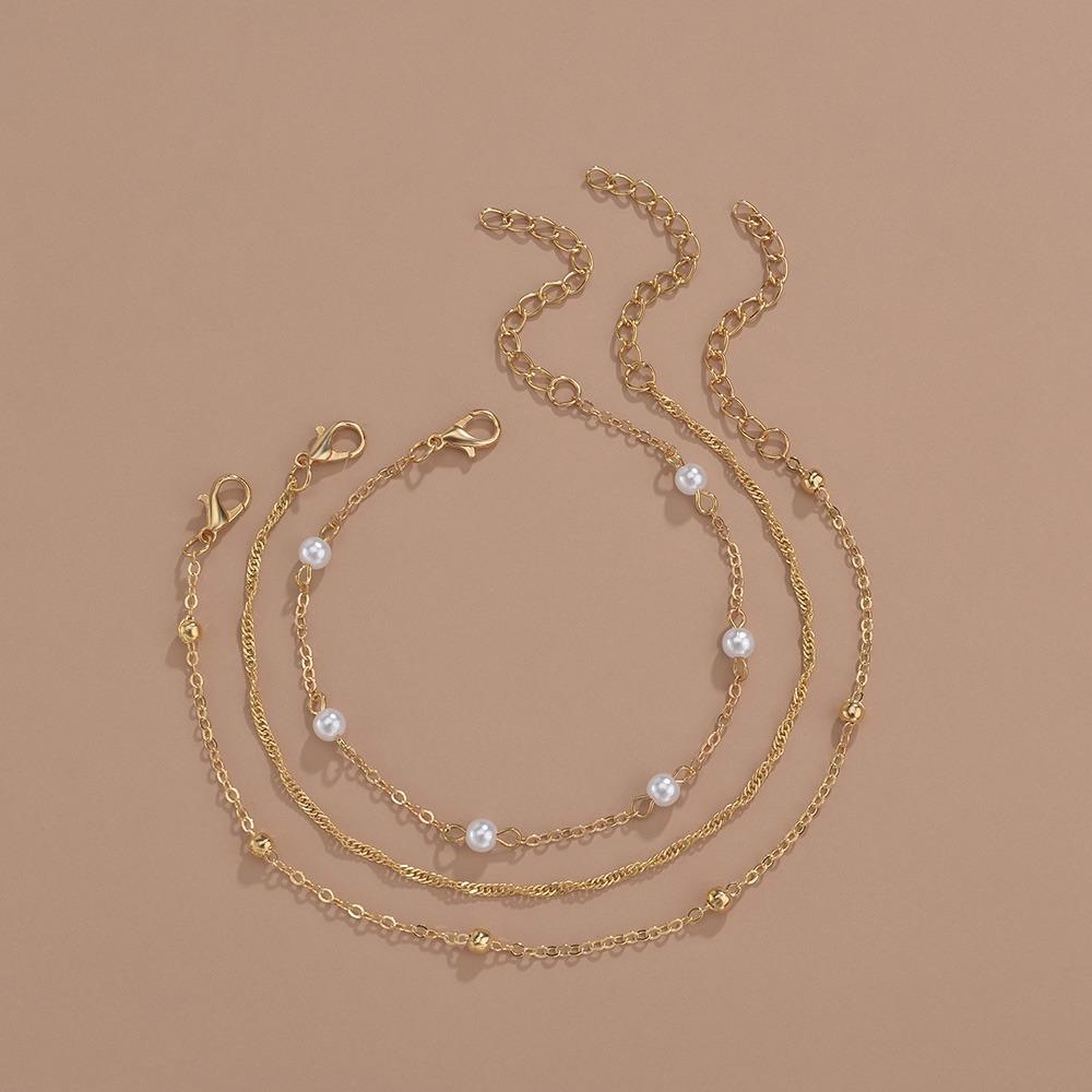 Beach seaside resort style, pearl multi-layer anklet metal adjustable stacked anklet