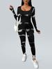 European & American Black & White Tie-Dye Stretch Yoga Jumpsuit - Long, Tight-Fit, Women's All-in-One