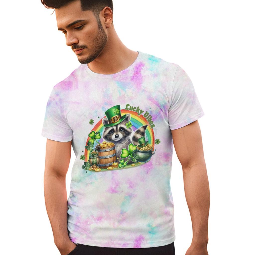St Patricks Day Raccoon Shirt Lucky Vibes Short Sleeve Round Neck Tee Cartoon Lucky Raccoon St Patricks Day Unisex TShirt