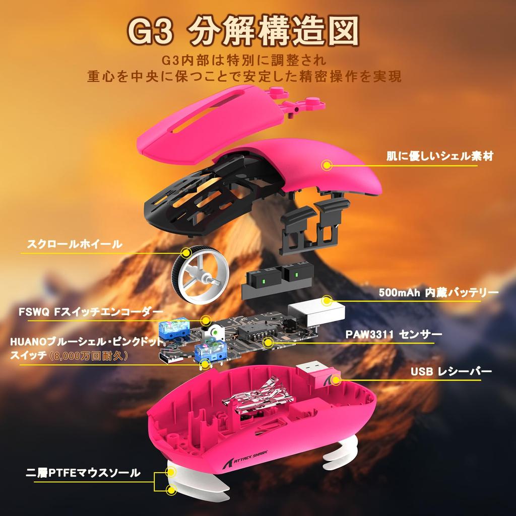 MAMBASNAKE X ATTACK SHARK G3 Gaming Mouse, WirelessWiredBluetooth 2.4GHz, Three-Mode, Lightweight, High-Precision Sensor, Broadcom Chip PAW3311,