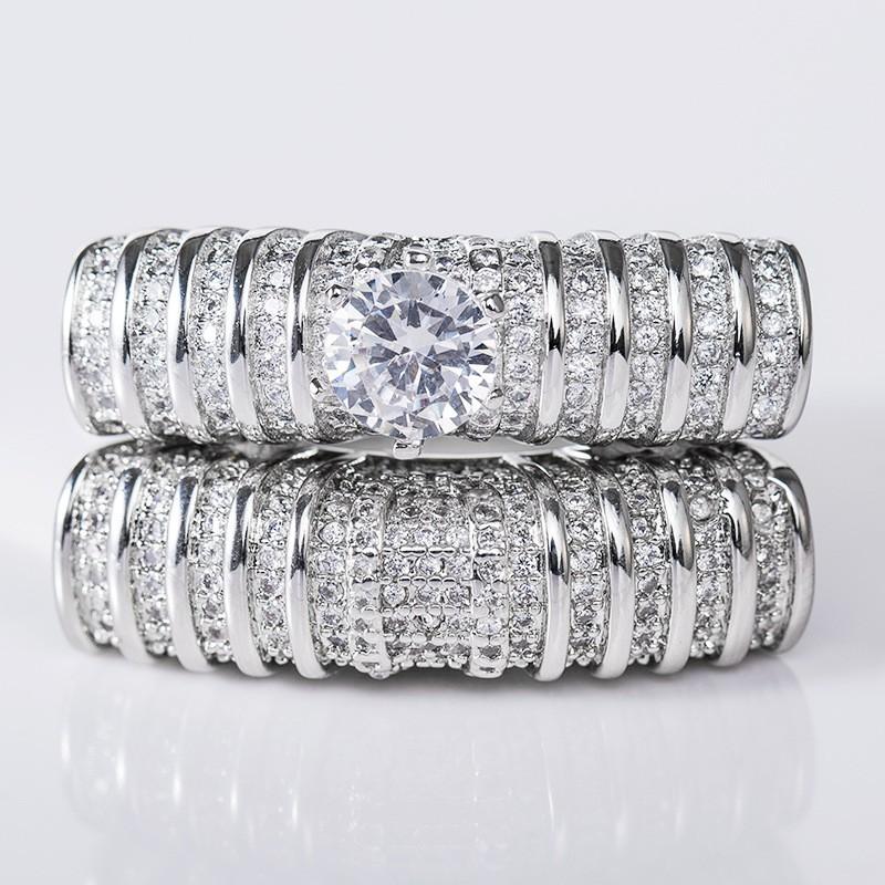 Elegant Double-Layer Hollow Out Zircon Ring Women Copper Geometric Fashion Jewelry Size 6-10
