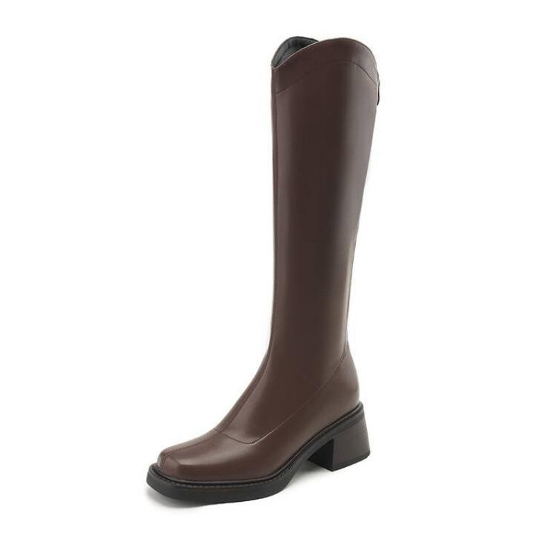 Korean version of solid color leather back zipper Martin boots medium heel large size women's leather boots square heel square heel autumn and winte