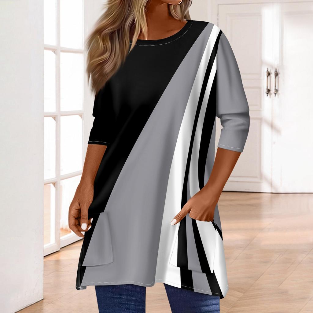 3/4 Sleeve Tops For Women T-Shirt Casual Print Tops T Shirt Round Neck Pullover  Blouse