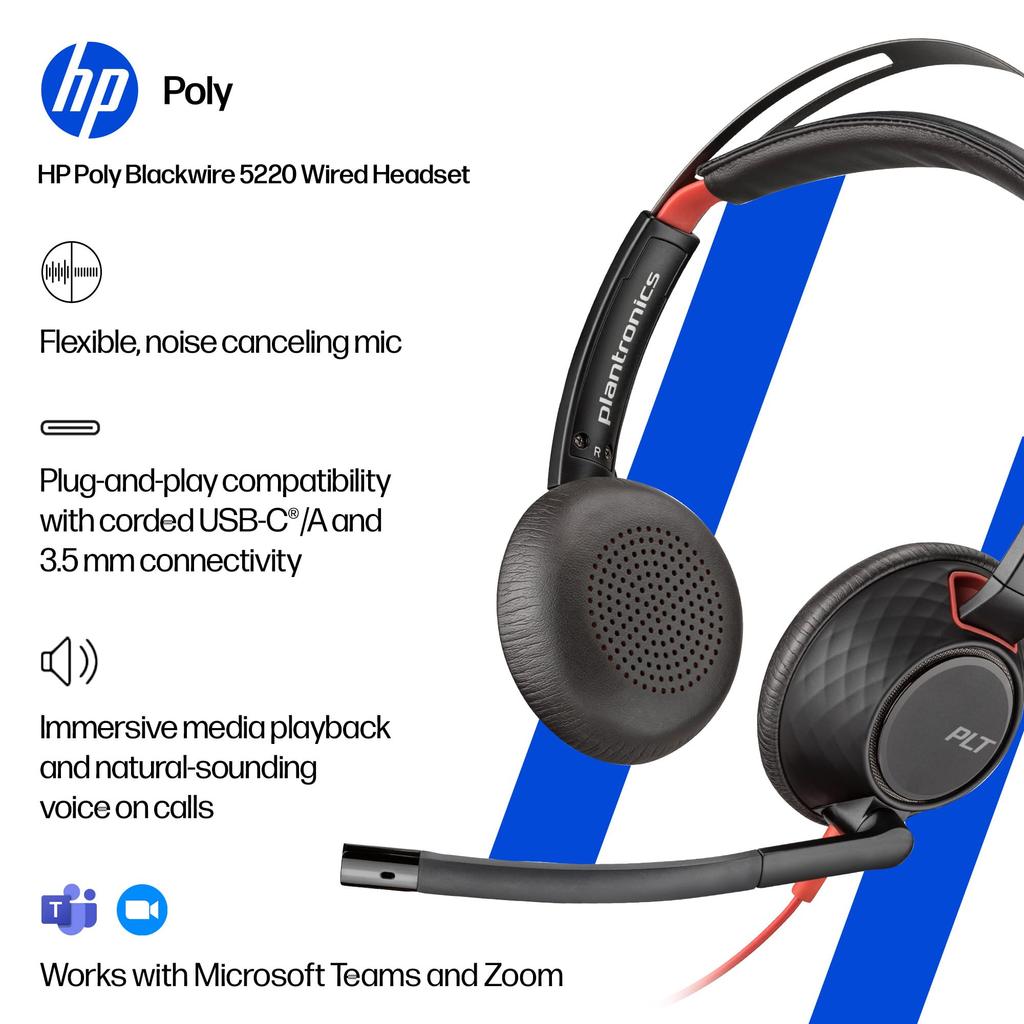 Poly Blackwire 5220 Wired Headset Noise with for Web Conferencing Plantronics Polycom 9P7X6AA (USB-C & 3.5mm Connection, Cancelling, Microphone,