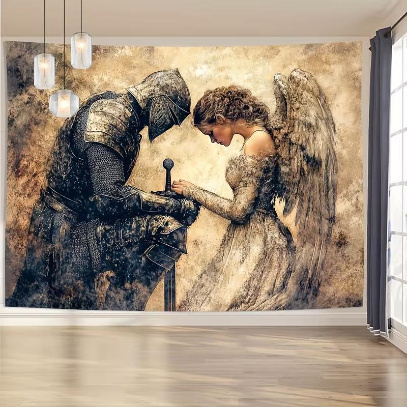 2D Gothic Knight and Angel Tapestry, Vintage Fantasy Wall Art for Living Room Decor