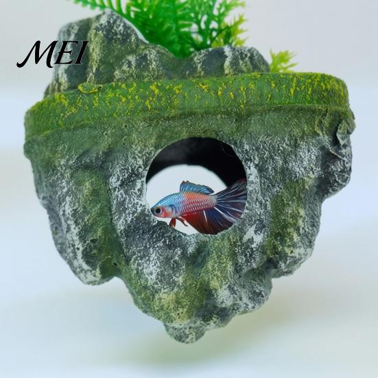 Kampffisch Versteck Schwimmender Stein Aquarium Dekoration, Realistisches Moos Ornament mit Unterwasser Berg Versteck Höhle, Becken Unterschlupf für Guppy