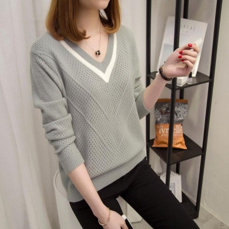 Suéter Pullover de cuello en V de mujer Suéter corto suelto de manga larga  Suéter de punto hueco comprar a buen precio — entrega gratuita, reseñas  reales con fotos — Joom