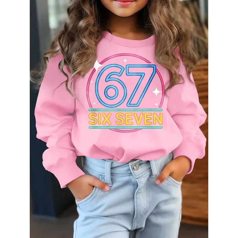 European sizes Stylish Neon  67  Graphic Crew Neck Sweatshirt for Kids, Bold Yellow  SIX SEVEN  with Blue Outline, Perfect Indoor Casual Wear 110 розовый