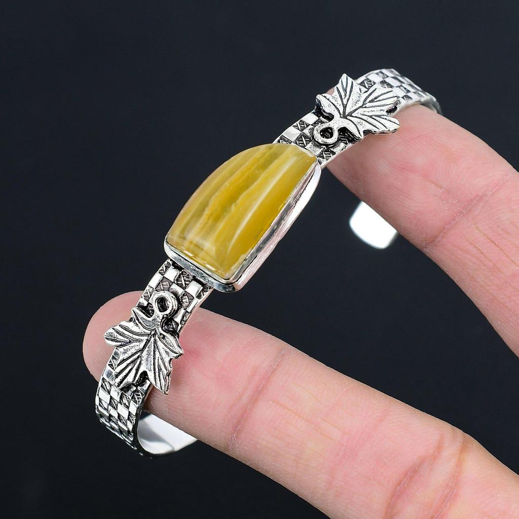 Natural Multi Fluorite Gemstone 925 Silver Bangle Leaf Adjustable For Women