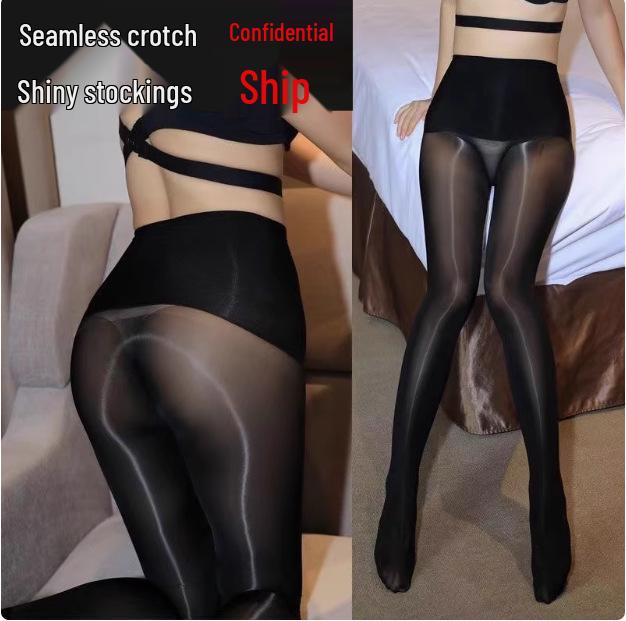 Glossy Crotchless Black Stockings: Seamless, Anti-Snag, Apple-Shaped Fit.