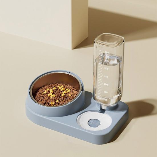 2-in-1 Pet Feeder Tilted Dog Food Bowl with 700ml Automatic Water Dispenser Stainless Steel Bowl Food And Water Feeder for Cats Dogs