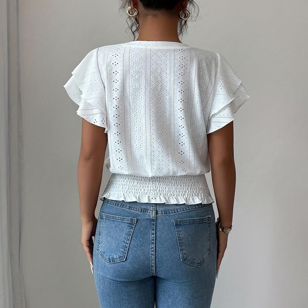 Women's Casual Hollow-out Sleeve Round Neck Short-sleeved T-shirt Top