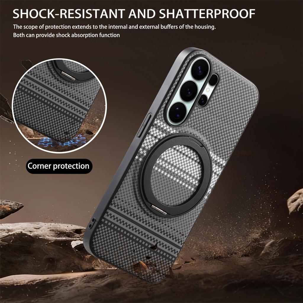 Carbon Fiber Texture 360 Rotating Magnetic Holder Case for Samsung S26 Ultra S25 S24 S23 Plus A57/37/17/07/56/36/26/16/55 Cover
