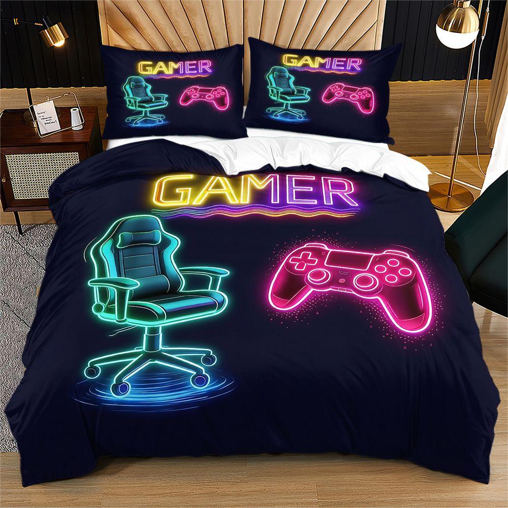 Gamer Neon Sign Duvet Cover Set Gaming Controller Print Bedding Set Digital Printed Comforter Cover for Teens Bedroom
