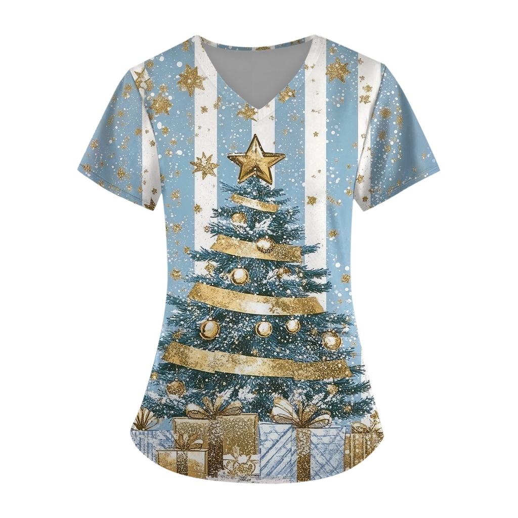 Hauts d'uniforme de travail imprimés grande taille pour femmes, col en V croisé, imprimé Halloween, manches courtes, t-shirts amusants, t-shirts de travail avec poches