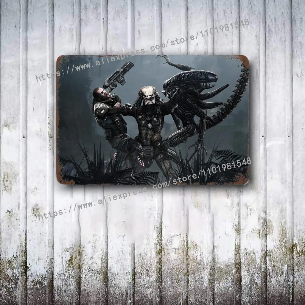 Aliens vs Predator Science Fiction Poster Vintage Plåtskylt Dekorativ Plakett för Pub Bar Mancave Klubb Väggdekoration