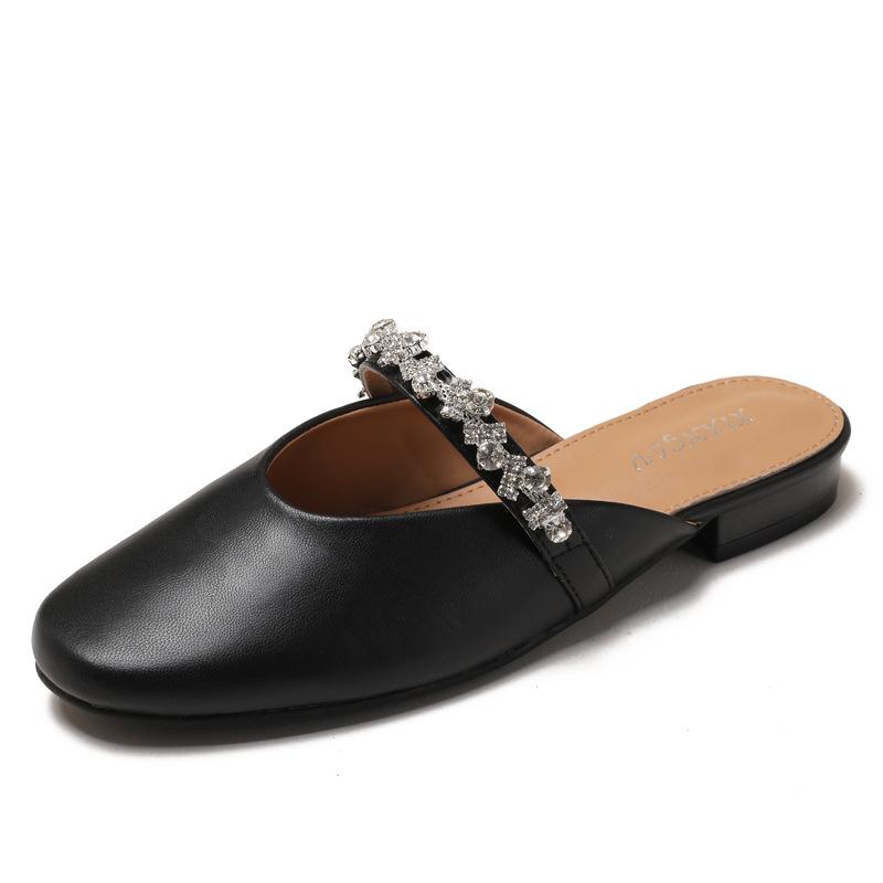 Fashion French Rhinestone Cover Toe Slippers for Women Slip On Women's Footwear Fashion Low Heel Pumps Soft Leather Comfortable Mules