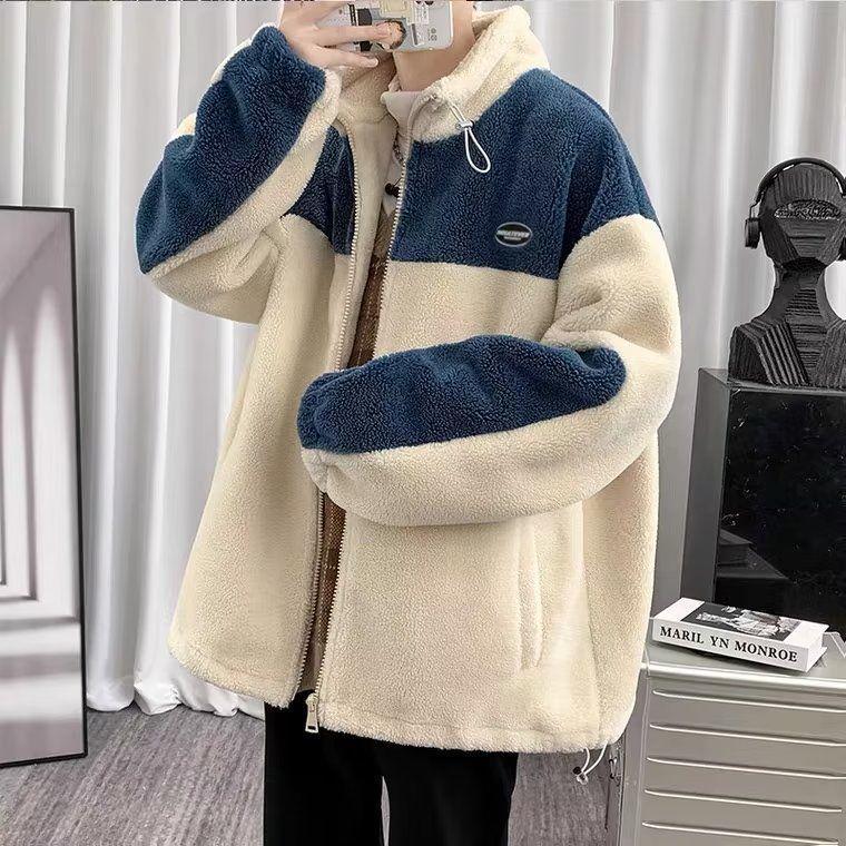 Men's Trendy Hooded Cotton Jacket - Lambswool, Plus Size, Autumn/Winter, Hong Kong Style, Loose Fit, Casual, Warm, Couple's Outerwear
