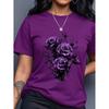 Damen lässiges T-Shirt mit Rosen-Schmetterlings-Print, Rundhalsausschnitt, kurzärmelig, Sommer