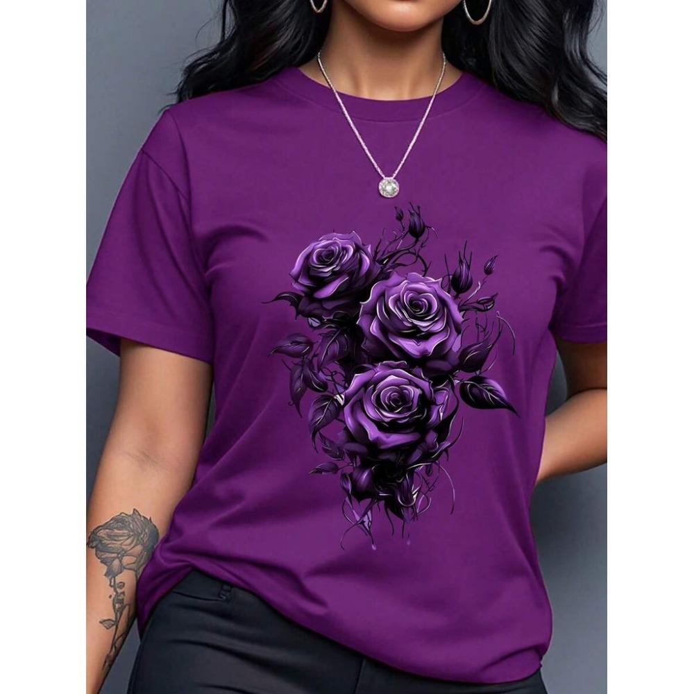 Damen lässiges T-Shirt mit Rosen-Schmetterlings-Print, Rundhalsausschnitt, kurzärmelig, Sommer