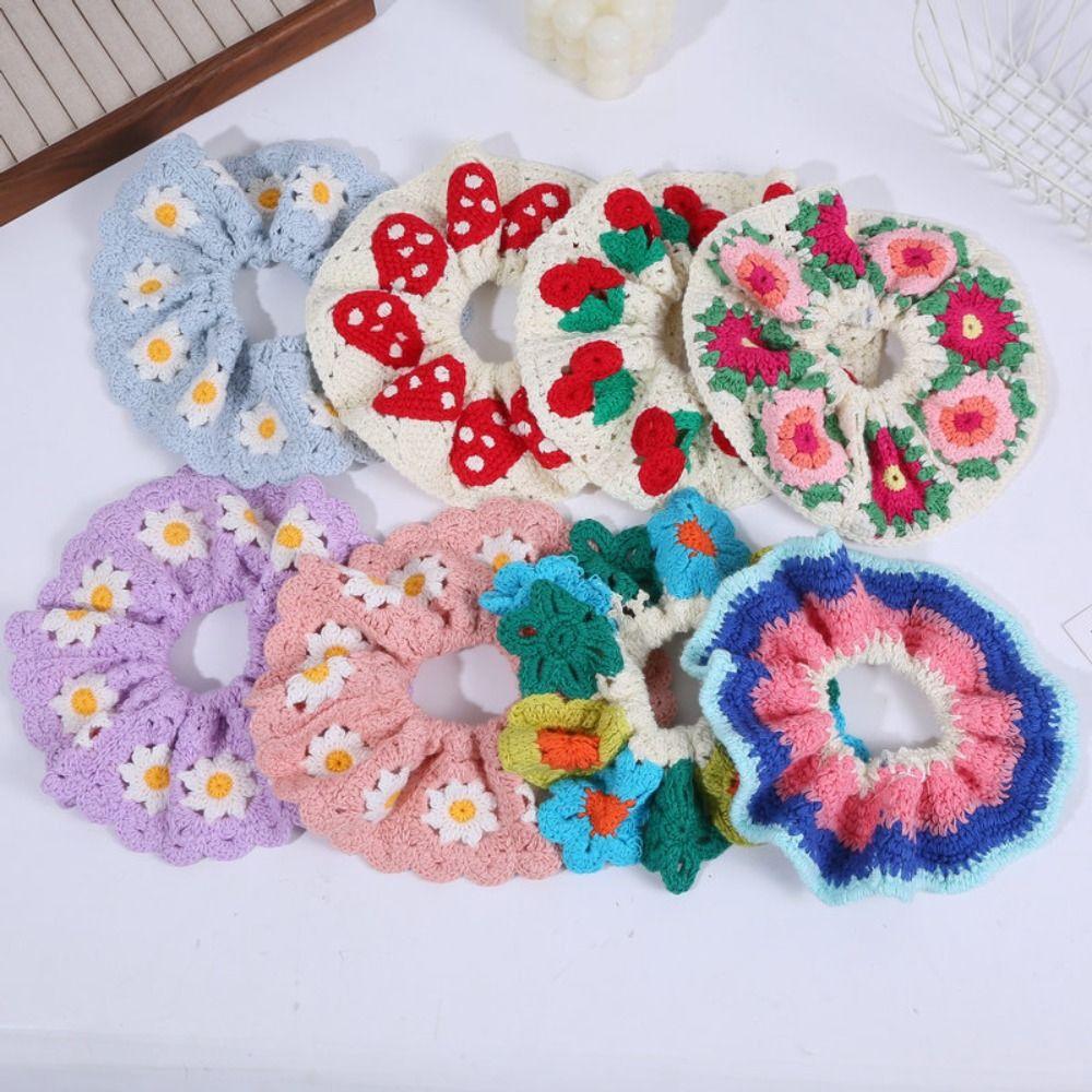 Bohemian Style Knitted Hair Rope Flores Ponytail Hair Band Crocheted Flower Scrunchies  Women