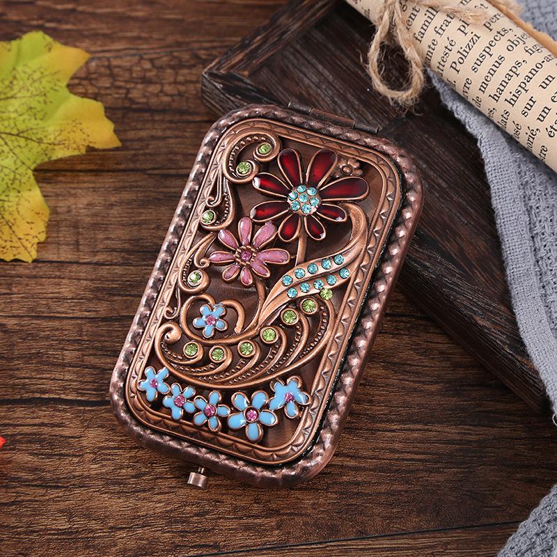 Kupfer Retro Doppelseitiger Taschenspiegel - Europäischer Stil Tragbares Faltbares Make-up-Accessoire für Frauen
