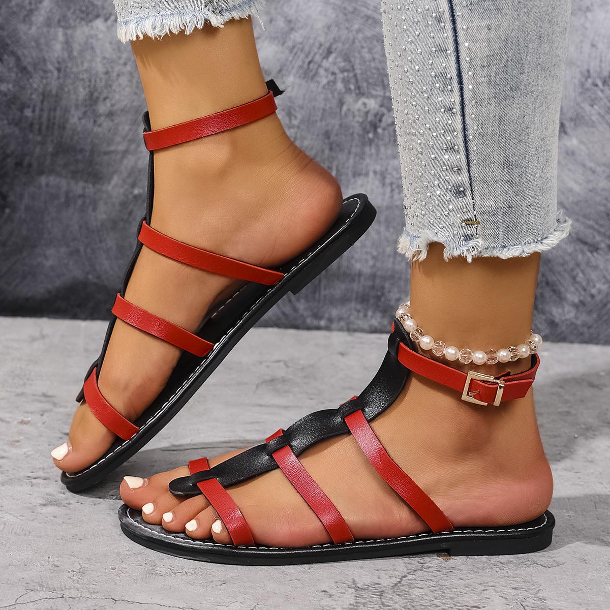 

Мода 2025 Лето Женские Сандалии Женские Плоский Каблук Вьетнамки Повседневные Римские Сандалии Перекрещенные Узкие Ремешки Ремешок с Пряжкой на Щиколотке Женская Пляжная Обувь 36 красный