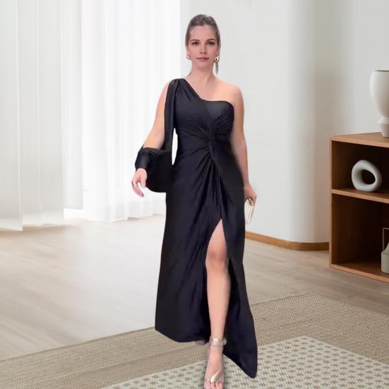 Abendkleid für Damen, eine Schulter, einzelne offene Ärmel, geteilter Saum, einfarbig, schmale Taille, plissiertes Knotendekor, Abschlussball, Cocktailparty, Maxikleid, Ballkleid