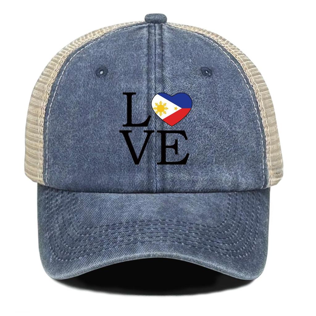 LOVE" Philippine Flag Print Snapback Mesh Cap, Patriotic Man's Cap Distressed Vintage-Inspired Inelastic Simple Adjustable Trucker Hat