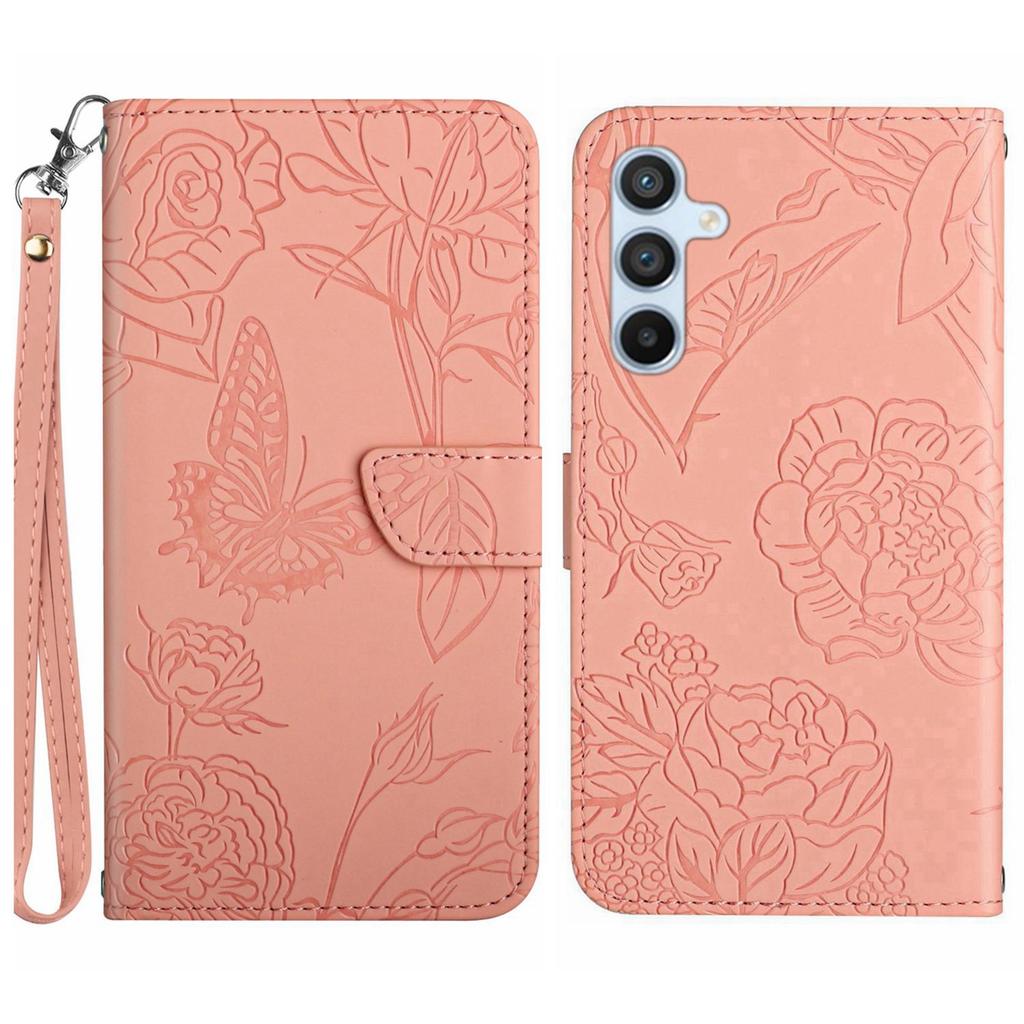 Applicable To Samsung S24 Butterfly Embossed Mobile Phone Leather Case A15 Card Holder Solid Color Lanyard Protective Case A05S Hand Rope