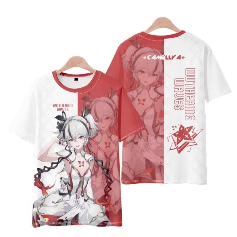 Spiel Anime Charakter 3D Gedrucktes T-Shirt, Beidseitig Rot Weiß Grafik Kurzarm Lässiges Streetwear Oberteil