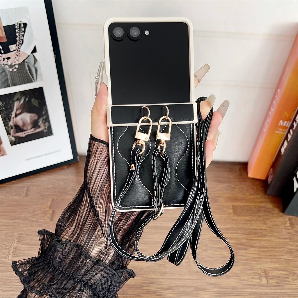 Leather Crossbody Lanyard Rope Phone Case for Samsung Galaxy Z Flip 3 4 5 6 7 Flip7 FE ZFlip7 Flip6 Shockproof Protective Cover