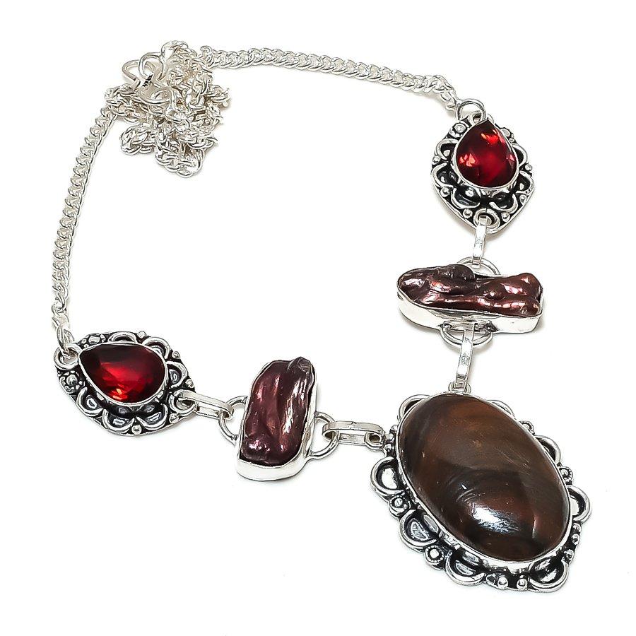 Tiger Eye, Pearl Gemstone 925 Sterling Silver Jewelry Necklace 18"
