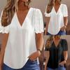 Sommer Einfarbig Kurzarm V-Ausschnitt Lockeres Oberteil mit Wollkugel Spleiß Chiffon Elegant Damenblusen & Hemden