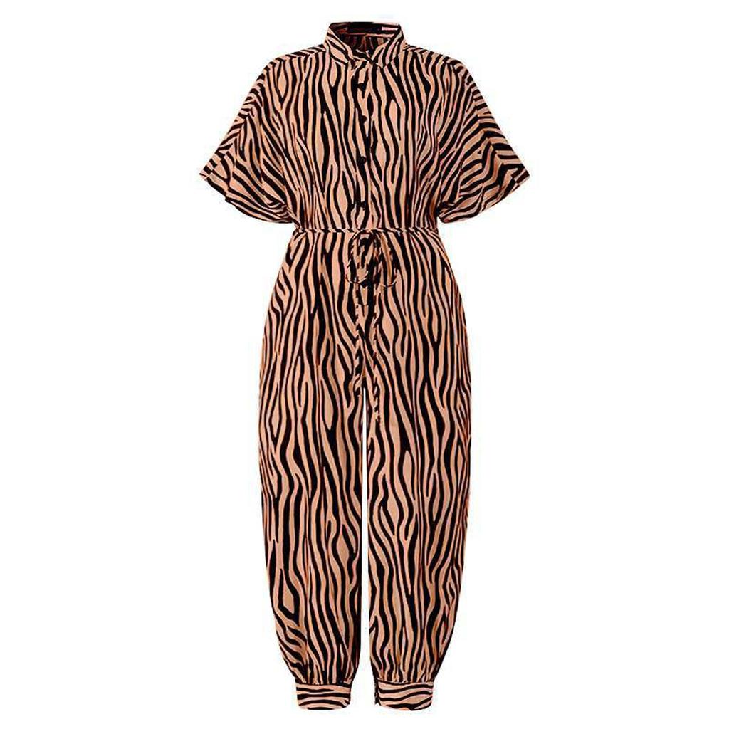Leopard Jumpsuit Female Retro Female Short-Sleeved Button Casual Pants Loose