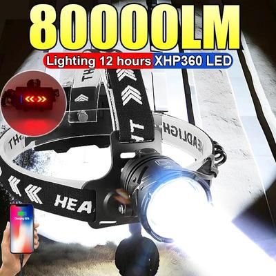 80000LM Mocna Latarka Czołowa Ładowana przez USB Latarka Czołowa Duży otwór XHP360 LED Lampa Czołowa Camping Wędkarstwo Latarka Czołowa