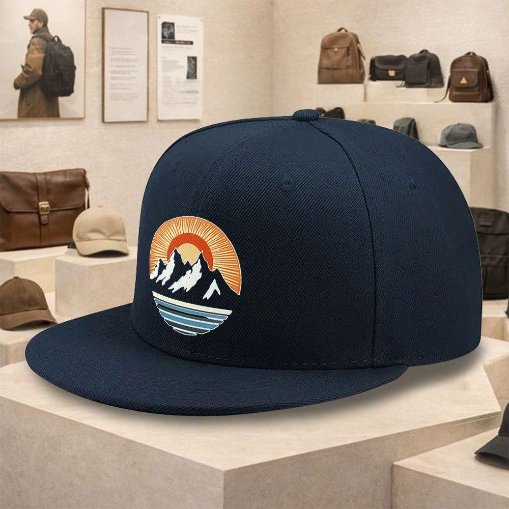 Mountain Sunset Graphic Polyester Baseball Cap Unisex Outdoor Adventure Flat Brim Snapback Hat
