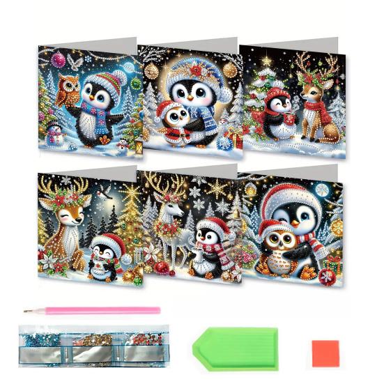 6 Pcs DIY Rhinestone Art Painting Cards Christmas Greeting Card Making Kit with Envelopes 5D Snowman Cat Deer Rhinestone