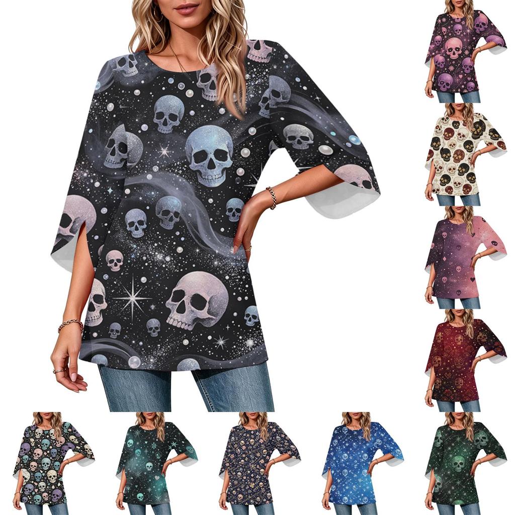 Women's Halloween Print Casual Neck Loose Fit 3/4 Sleeve Top