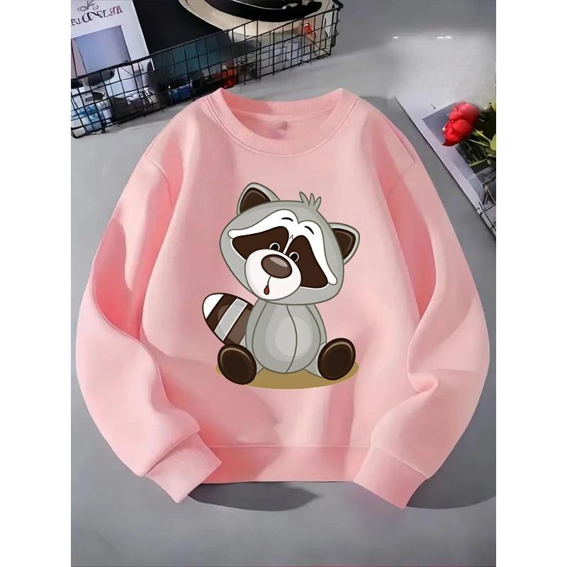 Crewneck Sweatshirt for Girls Featuring an Adorable Raccoon with a Striped Tail. It'S Machine Washable, Suitable for Spring And Autumn