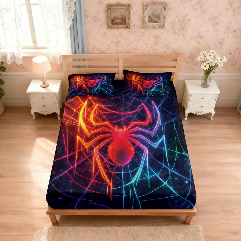 3pcs Colorful Spider Printed Coreless Bed Sheet Set, Multi Specification Soft Bed Cover, Bedroom Bedding Decoration, Washable