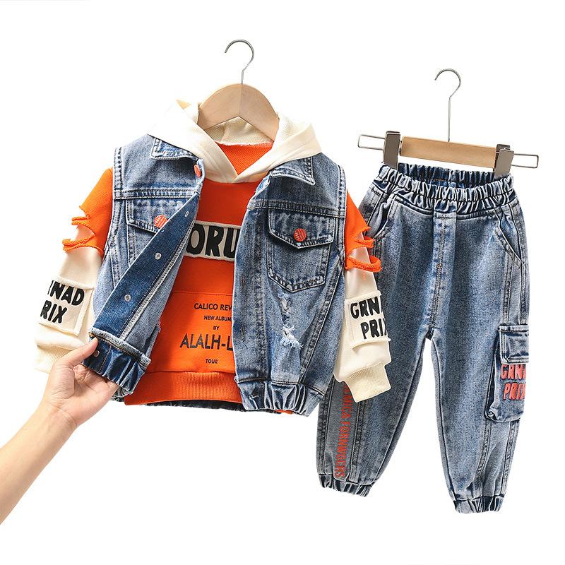 Casual Spring Autumn Baby Boys Girls Jeans Children Denim Vest Hoodie Three Pcs Sets Children Sets