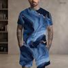 Men Plus Size Round Neck Short Sleeve Cyan Colorful Striped Printed T Shirt And Pocket Shorts Two Piece Set