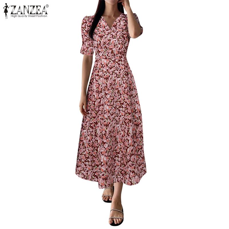 

ZANZEA Женское летнее повседневное длинное платье с коротким рукавом и v-образным вырезом с цветочным принтом