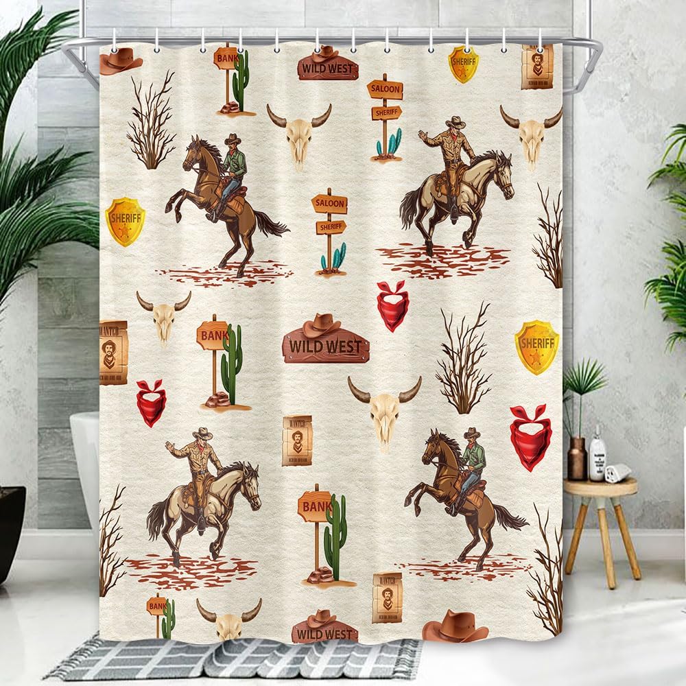 Westlicher Cowboy-Duschvorhang, Bauernhaus Landhaus Badezimmer Dekor, Wüstenkaktus Wild West Cowboy reitet Pferd Duschvorhang Set