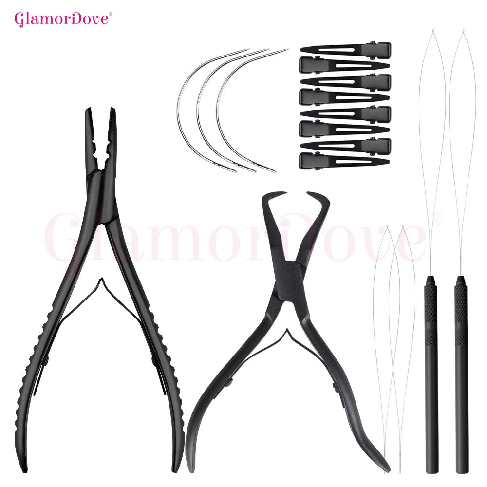 GlamorDove Beaded Weft Hair Extension Kit – Double Hole Pliers, Bead Remover & Sewing Tools