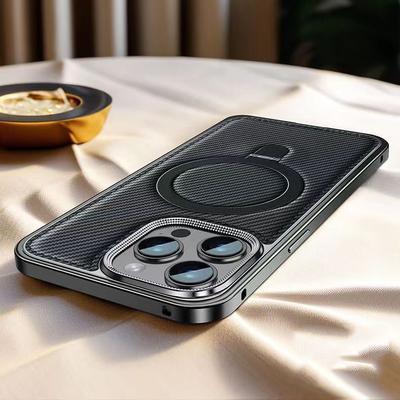 For MagSafe Magnetic Stand Phone Case For iPhone 16 15 14 Pro Max Metal Frame Carbon Fiber Texture Leather Shell Shockproof Cover