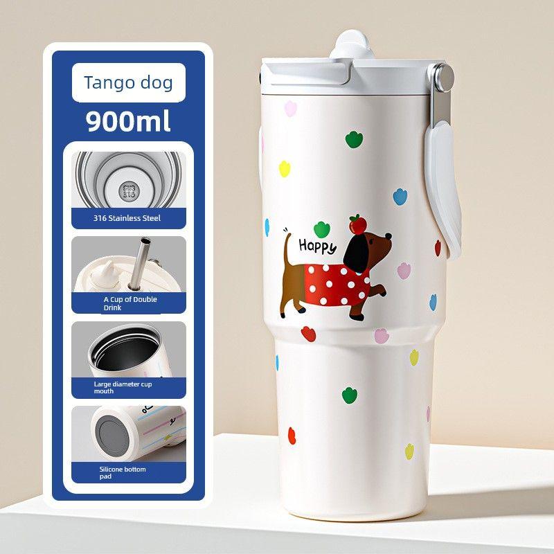 Large-Capacity Thermos Cup for Girls, Good-Looking Design with Handle, 2024 New Model, Straw Water Cup, Portable Dual-Drink Cup for Students