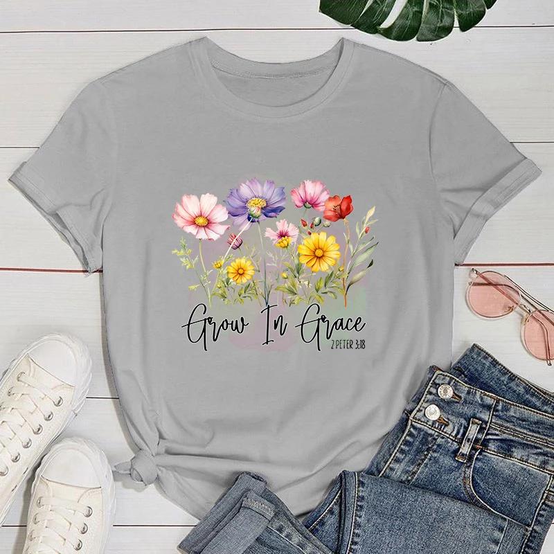 Funny Flowers Grow In Grace Letter Printing T-Shirts For Women Summer Tee Shirt Femme Casual Short Sleeve