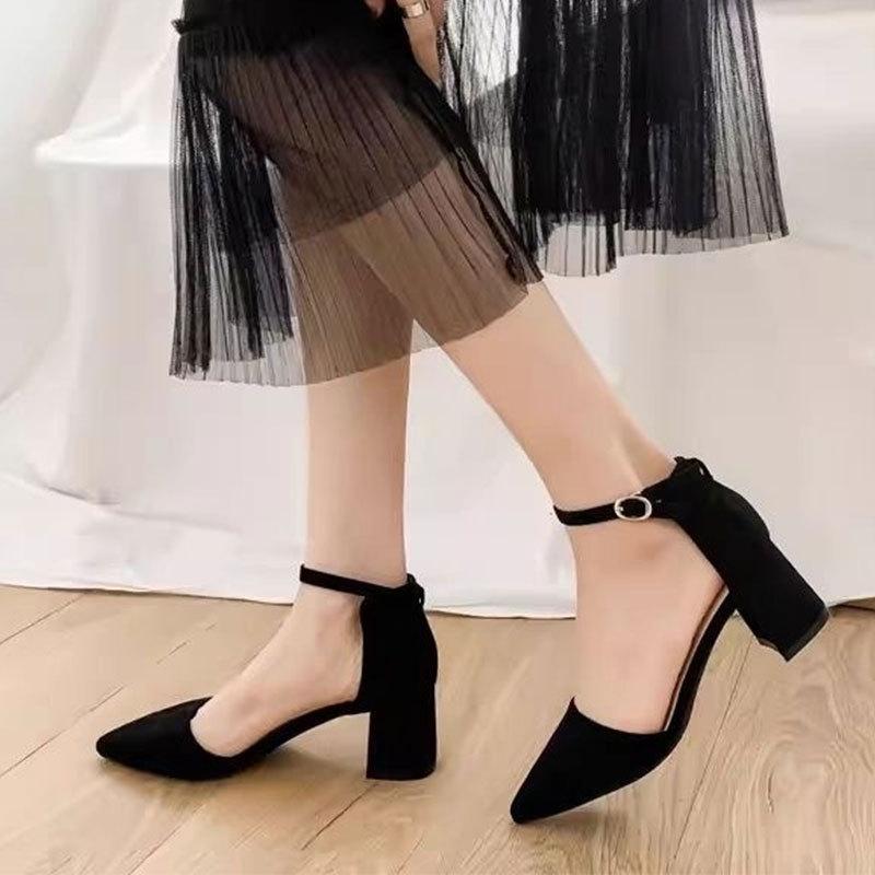 Baotou sandals fairy style 2025 spring new professional pointed high heels one word with thick heel medium heel single shoes